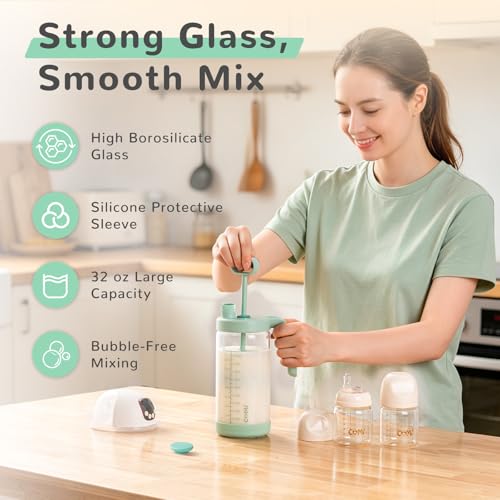COMI Glass Formula Mixing Pitcher with Easy-Blend Handle Lid, 32oz Leakproof Breast Milk Pitcher with Silicone Protective Sleeve, Designed for the Pitcher Method Breastmilk, BPA Free, Green