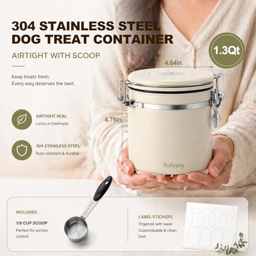 Dog Treat Container Airtight, 1.3 Qt 304 Stainless Steel Dog Treat Jar & Pet Treat Canister with Scoop, Date Dial, Locking Clamp, Silicone Seal for Dog Biscuits, Cookies, Training Snacks - size: 1.3 Qt