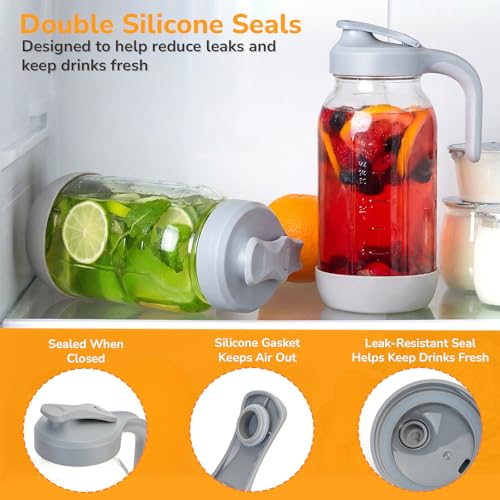 64 oz (2 Qt) Glass Mason Jar Pitcher with Pour Spout Lid & Handle | Airtight Leak-Resistant Flip-Top, Wide Mouth for Ice & Fruit, Non-Slip Silicone Base, Measuring Marks, Water/Iced Tea, 2 Pack - color: Black/Gray, size: 64 Ounces