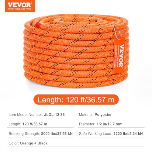VEVOR Double Braided Polyester Rope, 1/2 in x 120 ft, 48 Strands, 8000 LBS Breaking Strength Outdoor Climbing Rope, Arborist Rigging Rope for Rock Hiking Camping Swing Rappelling Rescue, Orange/Black - size: 1/2 Inch x 120 FT, style: Polyester