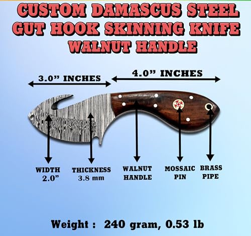 Hercules Custom Hand Forged Damascus Gut Hook Knife with Leather Sheath, Skinning Knife, Fixed Blade Hunting, Camping, Bushcraft, Survival, Outdoor Knives, Walnut Handle (FBK-05) - color: FBK-E