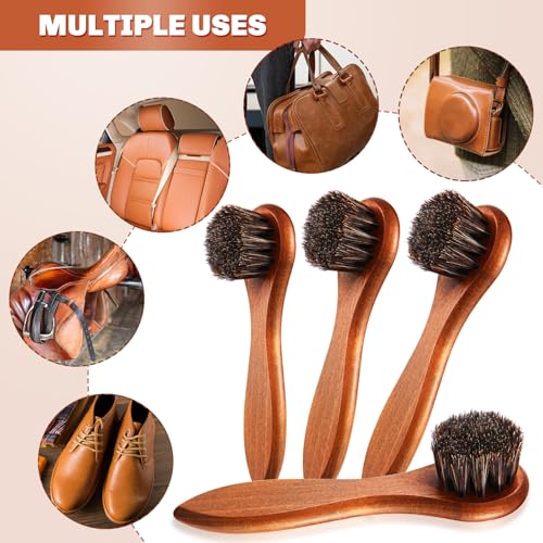 4 Pcs Horsehair Shine Shoes Brush Kit Polish Dauber Applicators Cleaning Leather Shoes Boots Care Brushes Suede Cleaner Brush with Microfiber Shoe Cloth(Brown Handle B) - style: Brown Handle B
