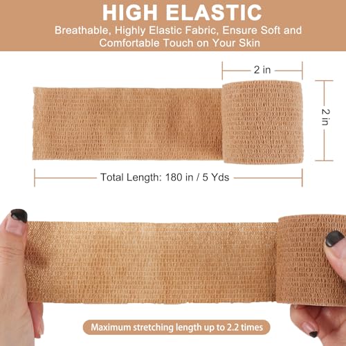 48 Pack Self Adhesive Bandage Wrap, 2” x 5 Yards Cohesive Medical Tape Elastic Grip Tape Black Sports Tape Athletic for Ankle, Wrist Sprains, Pet First Aid (Brown) - color: Brown