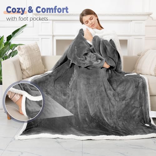 Wearable Heated Blanket with Foot Pocket, Electric Wearable Throw Blanket with Sleeves, Hood, Portable Heated Blanket with 8 Heat Settings, 1-10 Hours Auto Shut-off, Gift for Family, Friends, 50*70" - color: Light Gray