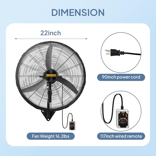 ROVSUN 20" Industrial Wall Fan with Remote Controller & BLDC Motor, High Velocity Wall-mounted Outdoor Fan with 4-Speed and Long Wired Remote, Oscillating Waterproof Wall Mount Fan for Gym, Patio - size: 20''