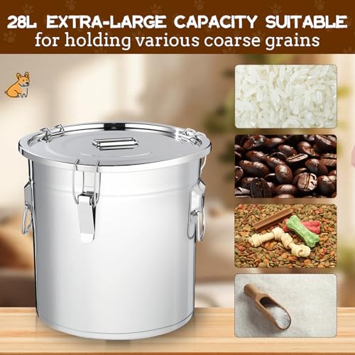 Lounsweer 2 Pack 5.5 Gal Stainless Steel Dog Food Storage Container with Lid and Locking Clamp 21 L Metal Airtight Container Large Stainless Steel Bucket with Food Scoop for Pet Feed - size: 21 L