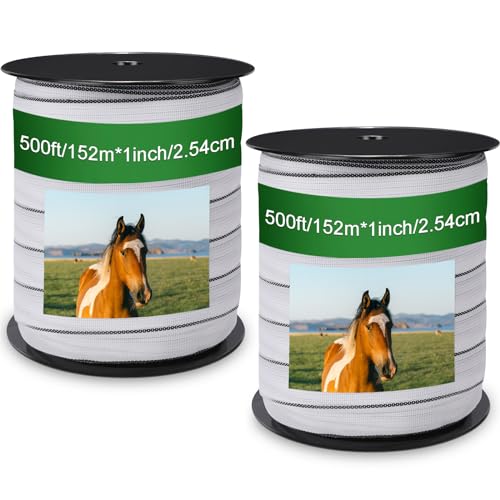 2 Rolls 500 ft x 1 Inch Electric Fence Polytape for Horse Livestock Cattle, High Visibility Electric Fencing Tape for Farm Temporary Horse Fence - size: 500ft X 1in