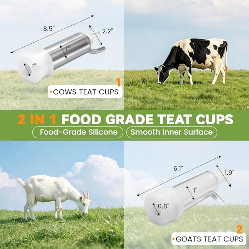 2-in-1 7L Goat Milking Machine, Electric Vacuum Pulsation Milker | Battery Powered Goat Milker with 4 Teat Cups, for Goat & Cow, Auto Stop, SUS304 Stainless Steel Bucket, Food-Grade Material