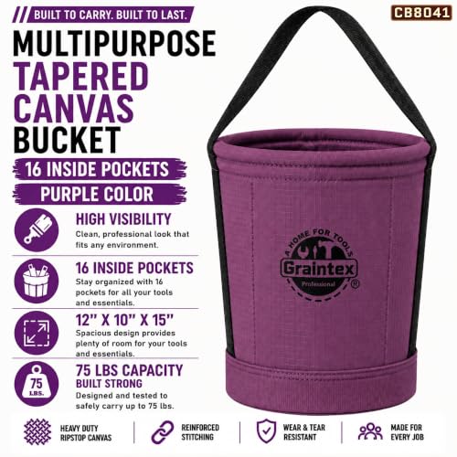 Graintex Tapered Canvas Bucket 12"x10"x15", Utility Tool Bucket 16 Inside Pockets, Reinforced Base & Carry Handle, Ripstop Canvas, Multi-Purpose Bag for Jobsite & Home Use for Tool Storage Solutions - color: Purple