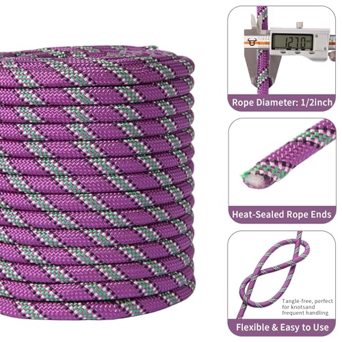 Arborist Rope Tree Climbing Rope(1/2 Inch x 100ft) 48 Strands Bull Rope for Construction Climbing Swing Sailing - size: 1/2 x 100ft, style: Purple