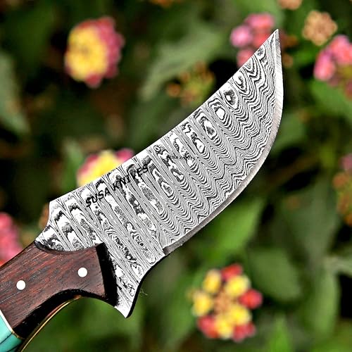Custom Handmade 7'' fixed blade hoof rasp knife Cow boy knife Turquoise Handle Damascus steel Bull cutter, cowboy knives with pancake leather sheath (RESIN) - color: RESIN