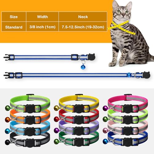 12 Pack Reflective-Breakaway Cat Collars with Bells,Safety Buckle Kitten Collar, with Name Tag, Adjustable,Ideal for Girl Cats Male Cats,Pet Supplies,Stuff,Accessories(12 Colors & 2 ID Tags) - size: Adult Cat 7.5''-12.5'' (with 2 ID Tags)