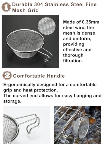 CAMPINGMOON 2 Pack 310ml Camping Colander 304 Stainless Steel Small Food Strainer with Handle Stackable Sierra Cup Mesh Sieve Rice Noodles Backpacking Outdoor Cookware S-213-2P
