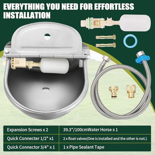 Automatic Animal Drinking Water Bowl, Livestock Waterer | Float Valves, 304 Stainless Steel, 39" Pipe Hose, 1/2" to 3/4" Adapter, Water Trough for Dog, Horse, Goat, Pig, Cow