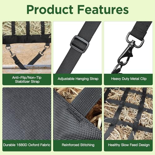 Hay Bags for Horses Slow Feed,Heavy Duty Oxford Fabric with Widening Side Design, Full Back Zipper & Adjustable Strap for Easy Filling, Hanging and Clean Eating New Version
