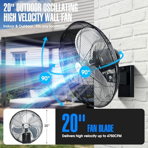 iLiving 20" Outdoor Oscillating High Velocity Wall Fan with 4750 CFM Heavy Duty Weatherproof Motor, Variable Speed Adjustment for Workshop, Garage, Patios, Commercial and industrial, 20 inch,Black - size: 20-Inch
