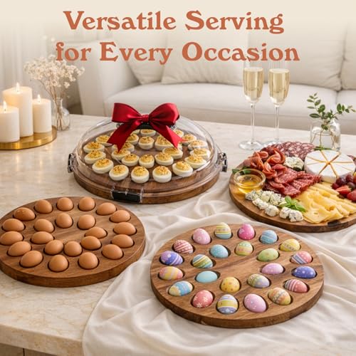 77L Deviled Egg Containers with Lid, 24-Slot Acacia Wood Deviled Egg Tray Platter for Serving and Transporting, Elegant Party & Potluck Serving Board (Black)