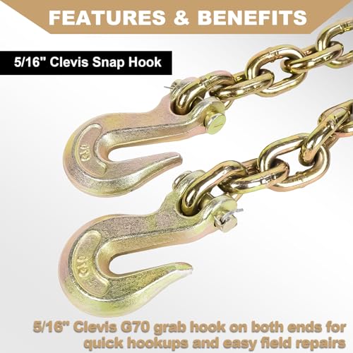 AAIN G80 Heavy Duty Transport Chain 5/16Inch x 10Ft, Load Binder Tow Chains | with G70 Clevis Grab Hooks, 4,900 lbs Safe WLL for Loading Tie Down Fixed Cargo Flatbed Truck Trailer - size: 5/16 Inch - 10 FT, style: 1 Pack