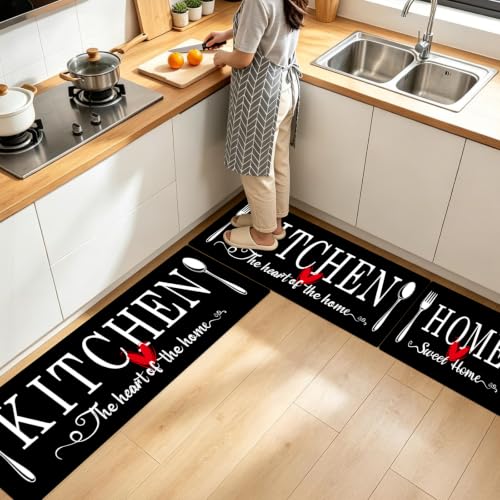 Kitchen Rugs Set 3 Piece, Non Slip Black Kitchen Mats for Floor, Soft Fabric with Rubber Backing, Farmhouse Anti Fatigue Runners Carpet for Home Kitchen Laundry Room Hallway (Black) - color: Black