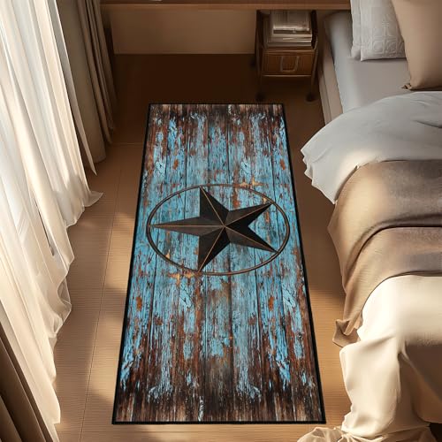 Western Runner Rug 2x6,Rustic Barn Texas Star on Old Wooden Plank,Ultra-Thin Throw Carpet Washable Kitchen Runners Teal Hallway Rug Entrance Door Mat Non Slip Accent Area Rugs for Entryway Laundry - size: 2'x6'