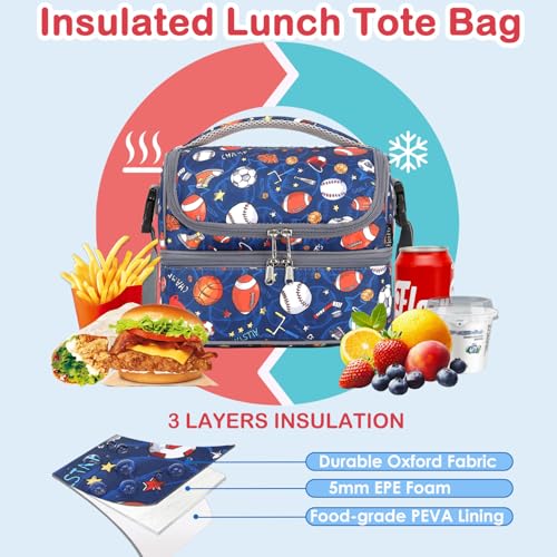 FlowFly Double Decker Cooler Insulated Lunch Bag Large Tote for Boys, Girls, Men, Women, With Adjustable Strap, Football - color: Football