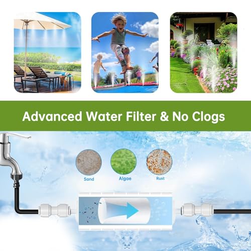 100FT Misting Cooling System for Patio & Garden - Brass Nozzles, UV-Resistant Tubing, DIY Installation - Water-Saving Backyard Mister for Outdoors, Greenhouse, Trampoline, Pool, BBQ Parties - size: 100FT