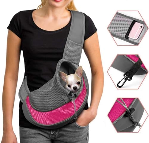 Dog Pet Sling Carrier Puppy Cat Sling Mesh Carrying Bag Adjustable Strap Breathble Small Dog Cat Satchel Carrier Hand Free Safe Front Backpack Soft Foldable Pet Purse Pouch Travel Outdoor - color: Rose Red