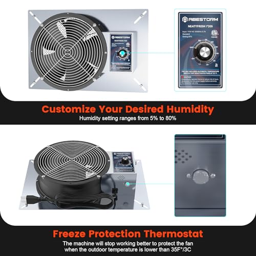 Abestorm 720 CFM Crawlspace Ventilation Fan with Humidistat 10 Inch | Stainless Steel Vent Fans Digital Panel, Temperature Controller with Humidistat for Attic with Isolation Mesh, IP 55 Rated - color: Grey