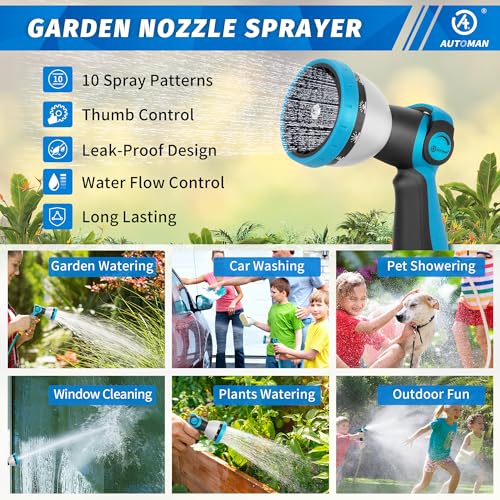 AUTOMAN Garden Hose Nozzle - 10 Adjustable Spray Patterns, Thumb Flow Control Hose Sprayer, Water Hose Spray Nozzle for Plants Watering, Car Washing, Window Cleaning, Pets Bathing, Outdoor Fun, Blue - color: Blue