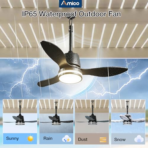 Amico 36" Outdoor Ceiling Fans with Lights, IP65 Waterproof Gazebo Fan | Waterproof, Remote Control, 3000-6000K, 6 Speeds, Hook Hanging Plug in, for Patio Porch Pergola Garage - size: 36 inch Black