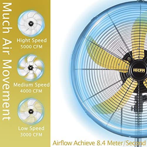 HiCFM 20 inch High Velocity Pedestal Oscillating Fan - UL Safety Listed | 5000 CFM Fan with Powerful 1/5 Motor, 9ft Power Cord, Oscillation, Metal Body with Wheels for Garage, Commercial, Industrial - size: 20 inch