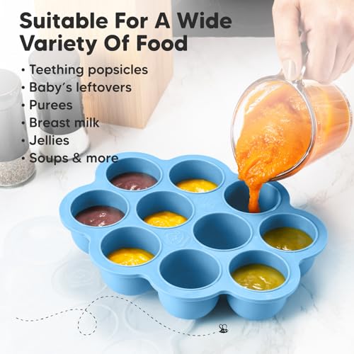 KeaBabies Silicone Food Freezer Trays with Lid, 2oz x 10 Pods (Misty Blue) | Baby Food Storage Containers, Easy Puree Meal Prep, Breast Milk Silicone Freezer Molds, Dishwasher, Microwave Safe, BPA-Free - color: Misty Blue