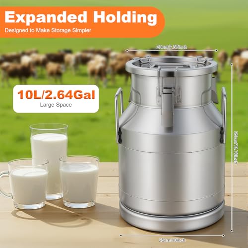 DYNAMI 2.6Gal Stainless Steel Milk Can with Sealed Lid and Handles,Anti-Leak Liquid Storage Barrel,Food Grade Container for Milk, Liquid,Solid Storage and Transport,Large Opening for Easy Cleaning - size: 2.6Gal