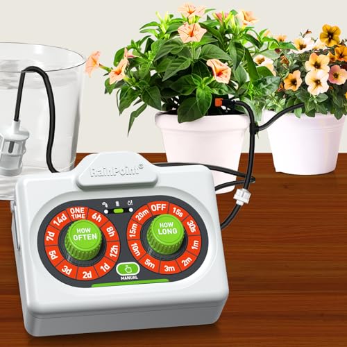RAINPOINT Beginner-Friendly Automatic Plant Waterer Indoor for Pot Plant Adjustable Water Output,Battery Powered Outdoor IP54 Waterproof Easy-Setup Drip Irrigation System Device Kit Water 10-15 Plants - color: Red, size: Knob Control