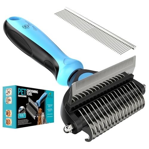 Spring Blossoms-2 in 1 Professional Grooming Rake for Cats & Dogs-Dematting Comb for Easy Mats & Tangles Removing,Pet Brush Safe No More Nasty Shedding and Flying Hair (Blue) - color: Blue