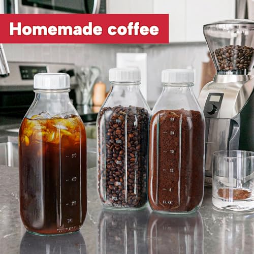32 oz Glass Milk Bottles with Lid & Silicone Dispenser Cap, 2 Pack | Airtight Screw Lid, Leak-proof Design, Scale Markings for Breastmilk Storage, BPA-free Glass, Reusable, Fridge-safe