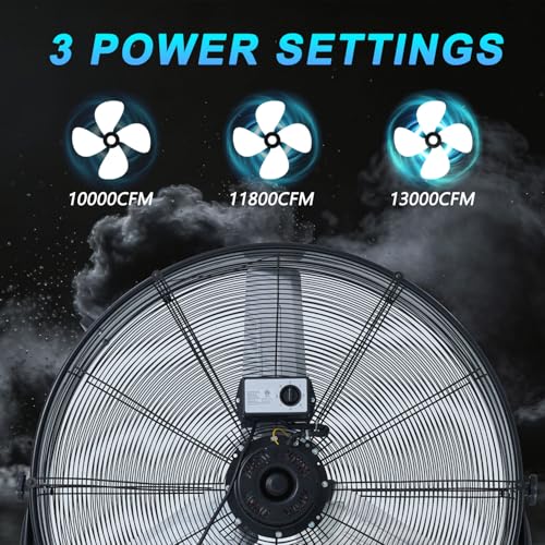 WARMLREC 30 Inch Industrial Drum Fan, 13000CFM Heavy Duty Garage Fan with Wheels, 3 Speeds Metal High Velocity Fan for Warehouse, Workshop, Factory, Commercial, Residential & Greenhouse, Black