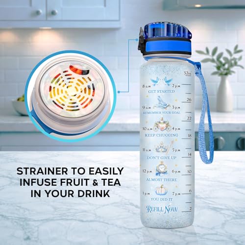 Princess Fairytale Water Bottle 32oz, Cute Magic Hydration Bottle for Girls Teens, Princess Inspired Gift, Reusable Drink Bottle with Time Marker - color: Blue Fairytale