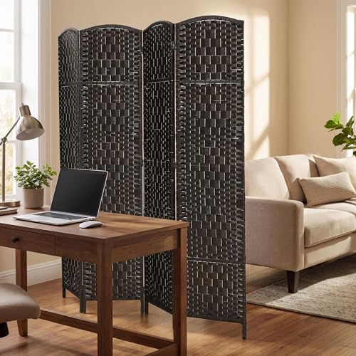 HOMCOM Room Divider 4-Panel, 6FT-Tall Folding Privacy Screen, Coffee | Freestanding Partition, Hand-Woven Design, for Room Separation, 360° Hinges, Paper Rope Diamond Weave - color: Coffee, size: 4 Panel