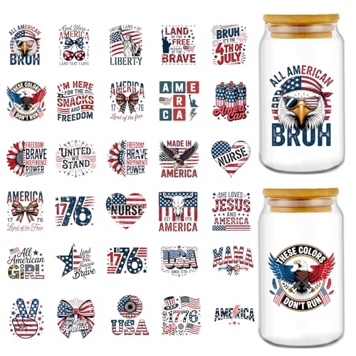 Rngmsi UV DTF Cup Wrap - 30 Pcs 4th of July American UV DTF Stickers for 16 OZ, Flag Eagle Waterproof UVDTF Transfer Decals for Cups Glasses Mug DIY Crafts - style: American