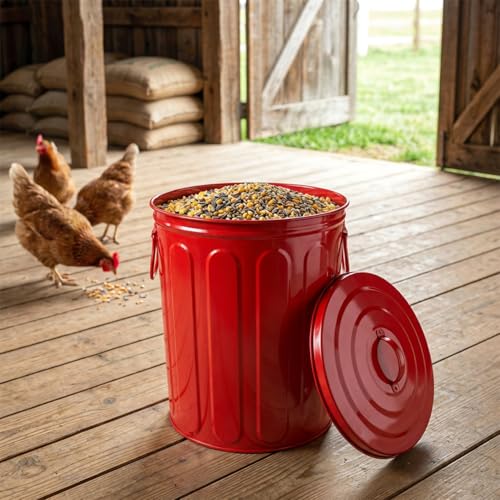 Plexon 5 Gallon Small Metal Trash Can with Lid Outdoor Galvanized Steel Bucket with Lid 5 Gal Storage Can for Dog Food Bird Seed Storage Container, Red - color: Red