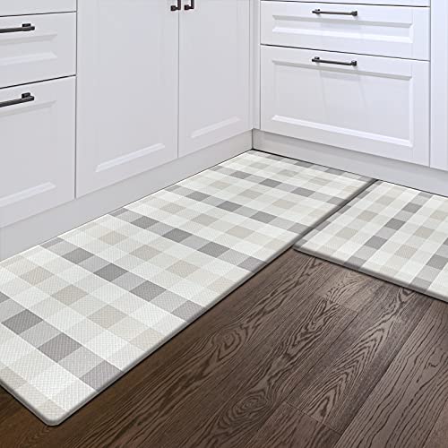 Sunlit Set of 2 Anti Fatigue Kitchen Floor Mat, Non Slip Waterproof Comfort Standing Mat, 0.4Inch Thick Cushioned Farmhouse Kitchen Rug Runner, Buffalo Plaid(Size:17"x28"&17"x47") Light Coffee - color: Light Coffee