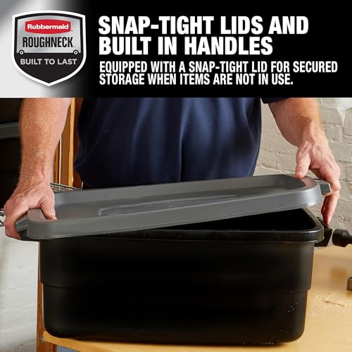 Rubbermaid 6-Pack Totes for Storage with Lids, Heavy Duty Plastic Storage Bins with Lids, Black Gray, 10 GAL - Stackable for Garage, Attic, Camping (10 GAL - 6 Pack Solid Black and Grey) - size: 10 Gal - 6 Pack