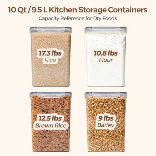 ComSaf Airtight Rice Storage Container with Lid 10Qt 2Pack, Large Capacity | 9.5L Plastic Food Canister, Rice Sugar Flour Cereal Oats Pasta, Pantry Kitchen Cabinet, Label, Scoop, Rice Washer, BPA-free - size: 10Qt-Rectangle