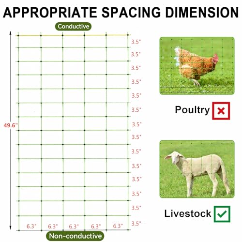 TMEE Electric Fence Netting Livestock Fencing for Goat with 14 Posts Double Spiked, Portable Mesh for Sheep, Deer, Hogs, Dogs in Backyards, Farms and Ranches, 49.6" H x 164' L, Green - size: 49.6" H