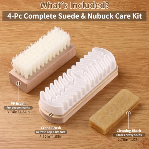 4-Piece Suede Brush Set with Erasers - Wooden Handle Shoe Cleaning Kit Includes PP Brush, Nubuck & Suede Erasers for Shoes, Boots, Bags & Jackets