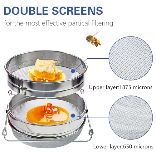 BEEXTM Honey Strainer Filter Stainless Steel Double Sieve for 5 Gal Bucket | Adjustable Arms 9"-16", 1875+650 Micron Dual Mesh, Food Grade, Easy Clean, for Beekeeping & Kitchen, for Honey, Yogurt, etc.