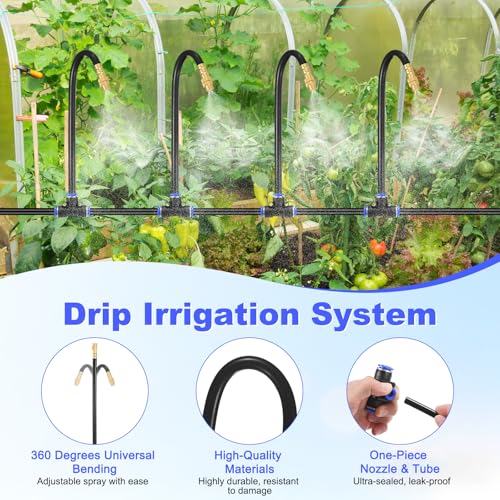 M METERXITY 1-Set Drip Irrigation System, 50Ft 5/16" Hose Garden Watering Misting System with 16pcs 360° Adjustable Copper Nozzles for Greenhouse/Yard/Lawns, Atomizing Watering Accessories - color: Black + Gold Tone, size: 50Ft 5/16"