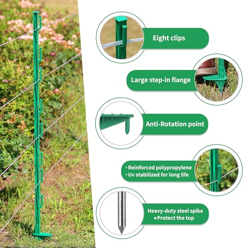 50PCS 48" Plastic Step-in Electric Fence Posts with Clips, Green | Temporary Electric Fence Stakes · 8 Integrated Clips · Reinforced Steel Spike · For Garden and Farm & Livestock - color: Green-50PCS