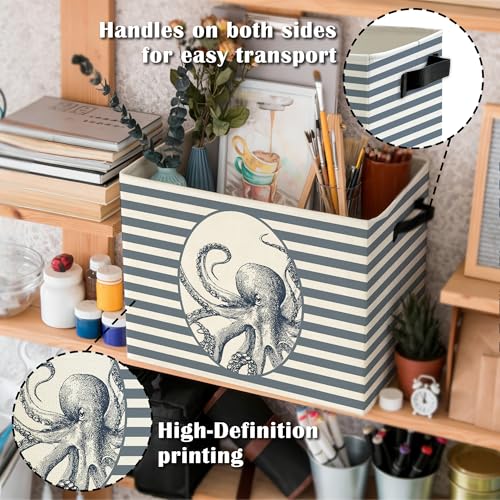 Coastal Beach Octopus Storage Bins Box with Handles, Blue Striped Beachy Ocean Octopus Marine Biology Collapsible Basket Organizer for Bedroom Bathroom Books Clothes - color: Color08
